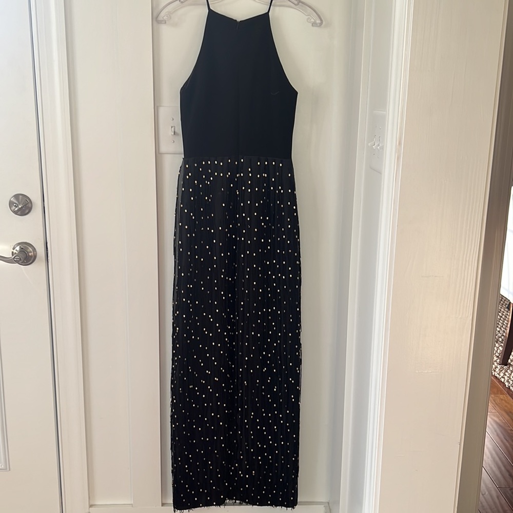Badgley Mischka Sleeveless Beaded Fringe Column Gown Black/Gold Size 0 - Picture 3 of 11